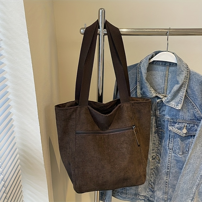 TEMU Damska Torba Tote, Nowość Jesień/, Duża Pojemność, Sztruksowa, Modna Torba w Paski, Codzienna Jednolita Kolorystyka, Damska Duża Torba, Idealna