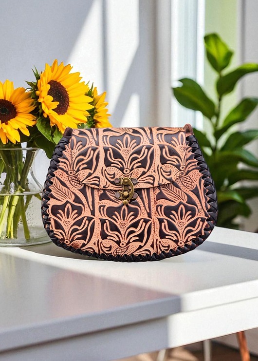 Torebka skórzana Julia beżowa kwiaty ręcznie robiona