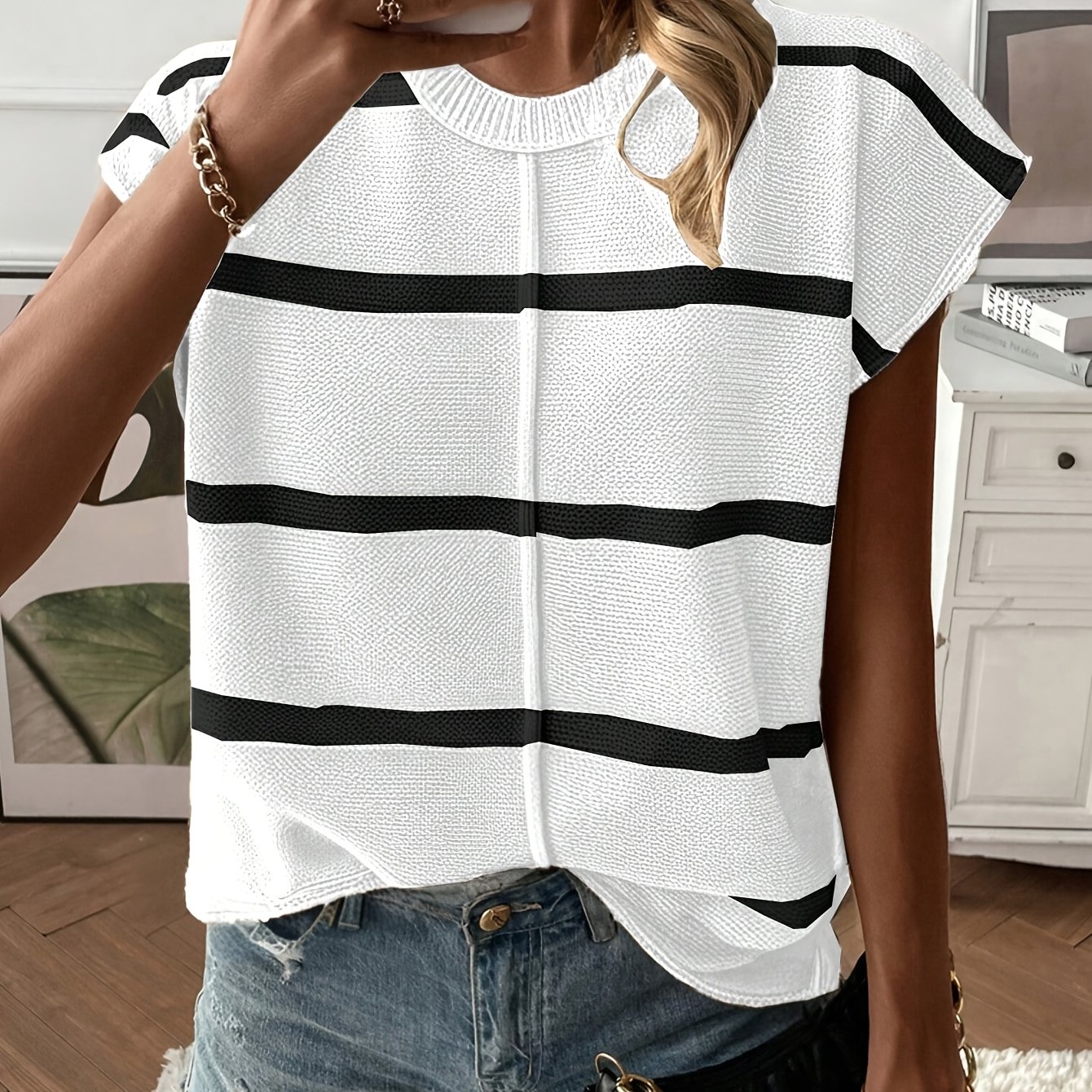 TEMU Damska wiosenno-letnia, luźna bluzka bez rękawów z okrągłym dekoltem, stylowy sweter w paski, blok kolorów