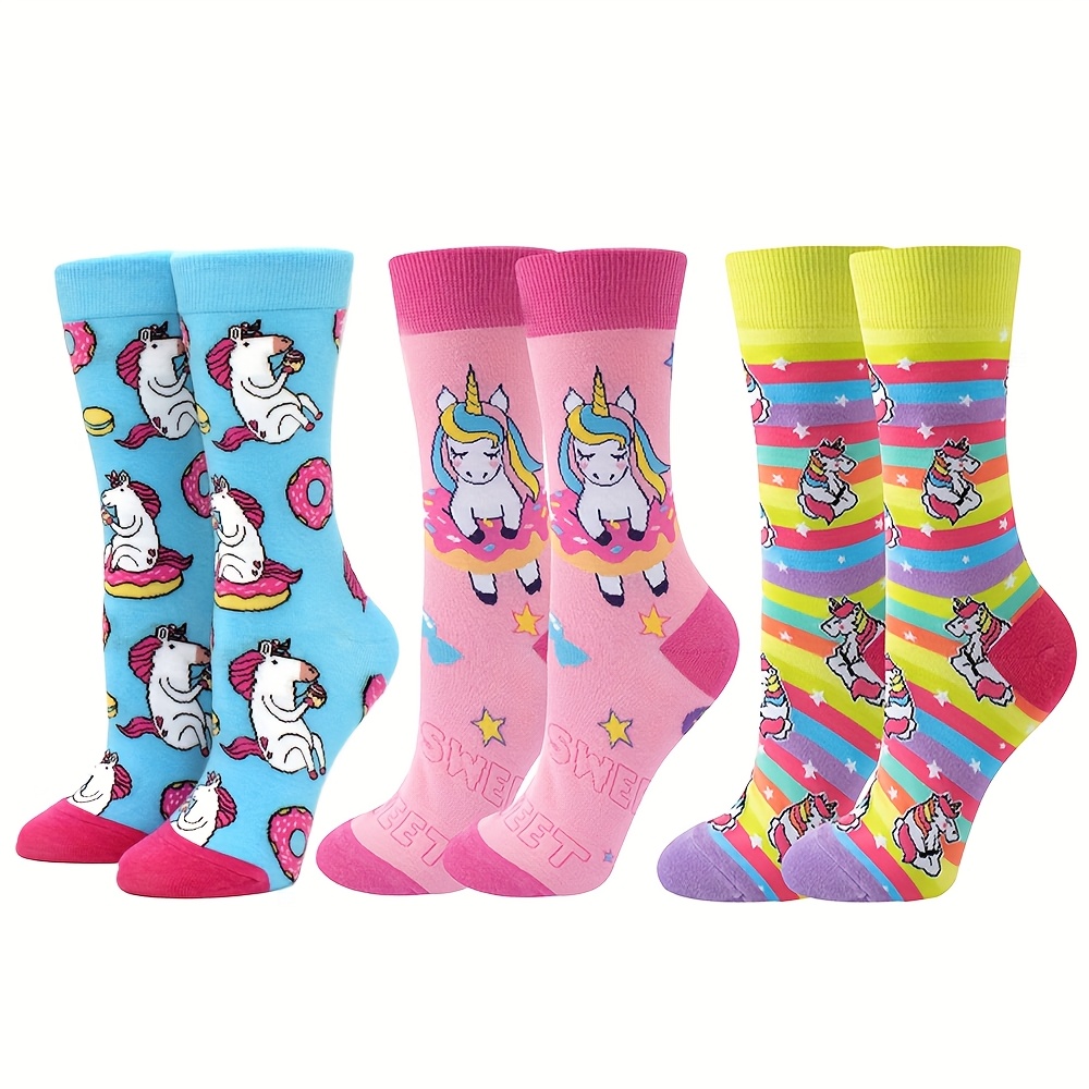 TEMU 3- Damskich Skarpetek do Kostki – Urocze Jednorożce z Zabawnymi Napisami, Jaskrawe Kolory i Paski, Miękka Oddychająca Tkanina na Codzienność,