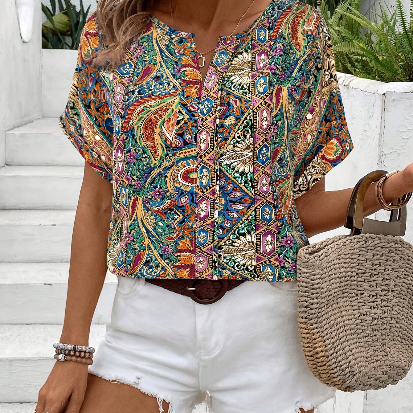 TEMU Damska letnia bluzka z dekoltem w kształcie litery V, odkryte ramiona, luźny kształt, nadruk boho - kolorowy wzór geometryczny, krótkie rękawy,