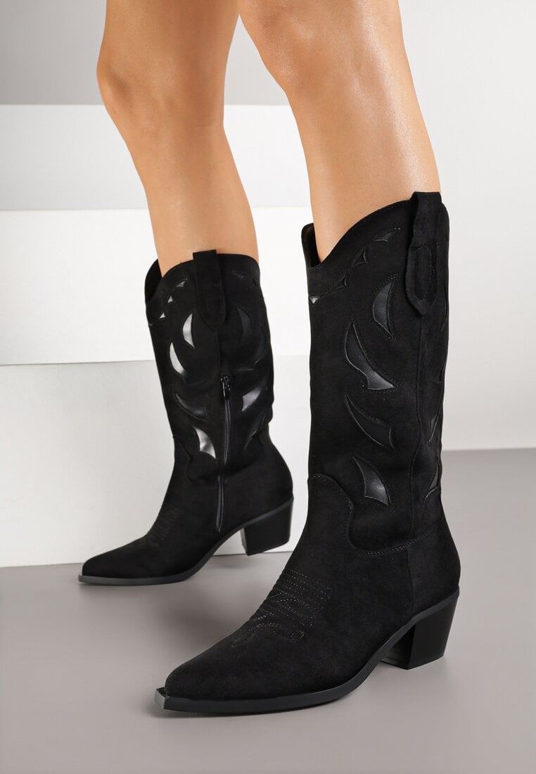 Czarne Botki Kowbojki na Stożkowym Obcasie z Geometrycznym Wzorem Lativia