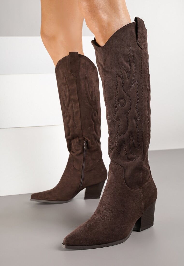 Ciemnobrązowe Kozaki Kowbojki na Obcasie Stożku z Ekozamszu Iritane