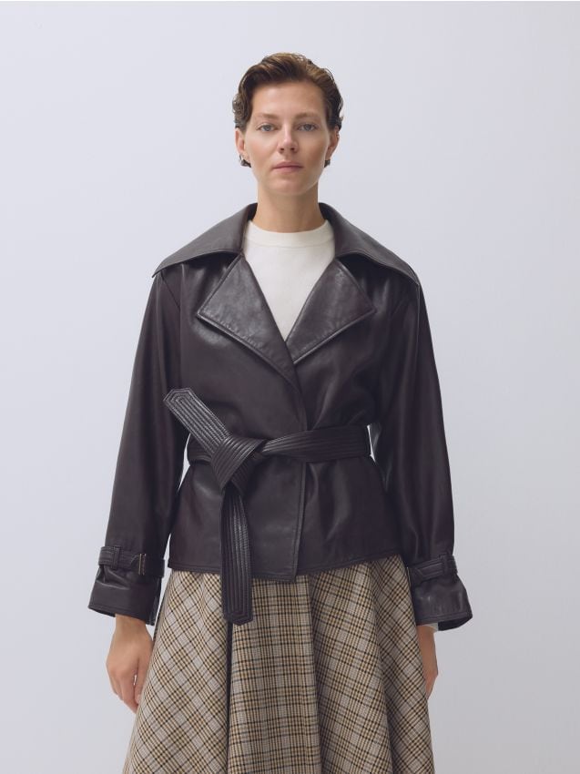 Reserved - Skórzana kurtka z kołnierzem - ciemnobrązowy