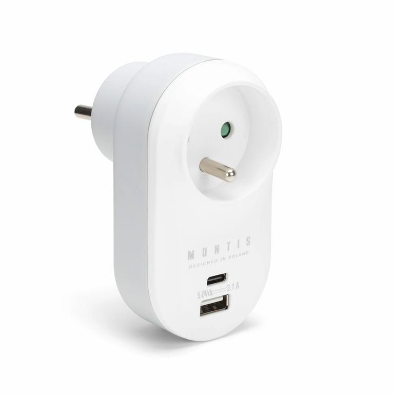 Montis Rozgałęźnik sieciowy pojedynczy z gniazdami USB A+C adapter zasilający/ inwentor 15,5 W Szary, Biały