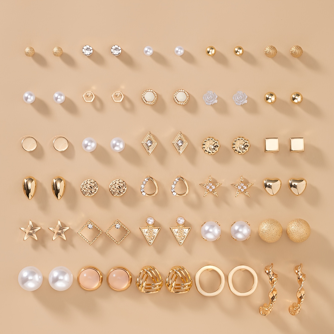 TEMU 30 Parów Metalowych Minimalistycznych Kolczyków z Sztucznymi Kamieniami, Urocze Okrągłe Serduszka i Kwadratowe Gwiazdy – Zestaw Biżuterii dla