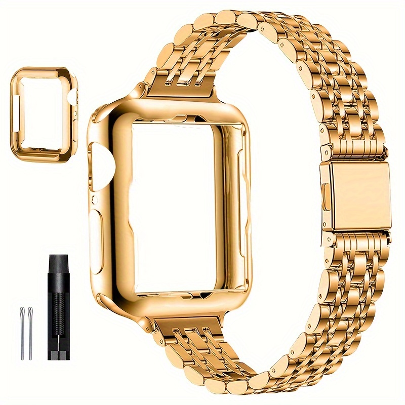 TEMU 1 szt. Złoty pasek do zegarka Casman ze nierdzewnej ze składanym zapięciem i etui ochronnym do zegarka for apple , kompatybilny z for iwatch