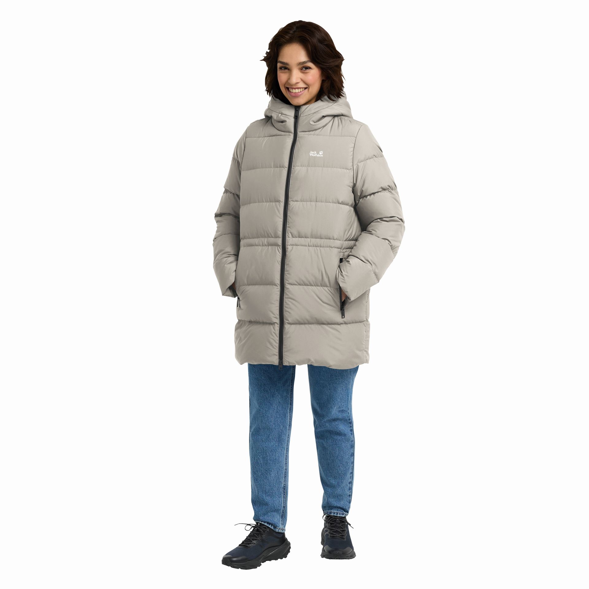 Damska kurtka puchowa Jack Wolfskin FROZEN PALACE LONG JKT W RDS pale sand - S