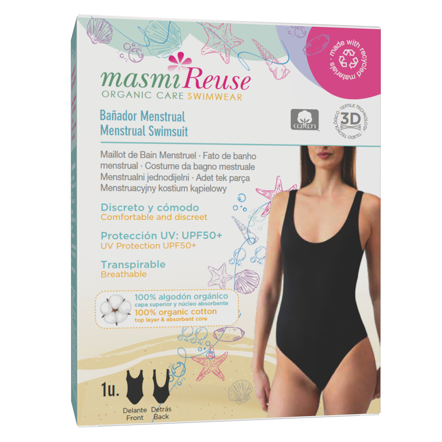 Masmi Reuse, menstruacyjny jednoczęściowy kostium kąpielowy, UPF 50+ czarny, rozmiar L