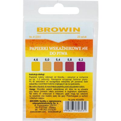 Papierki wskaźnikowe do piwa pH 4,6 - 6,2 25 sztuk Browin