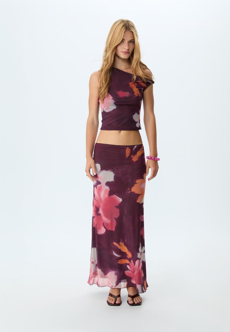 Stradivarius Wzorzysta spódnica midi z tiulu Fioletowy XL