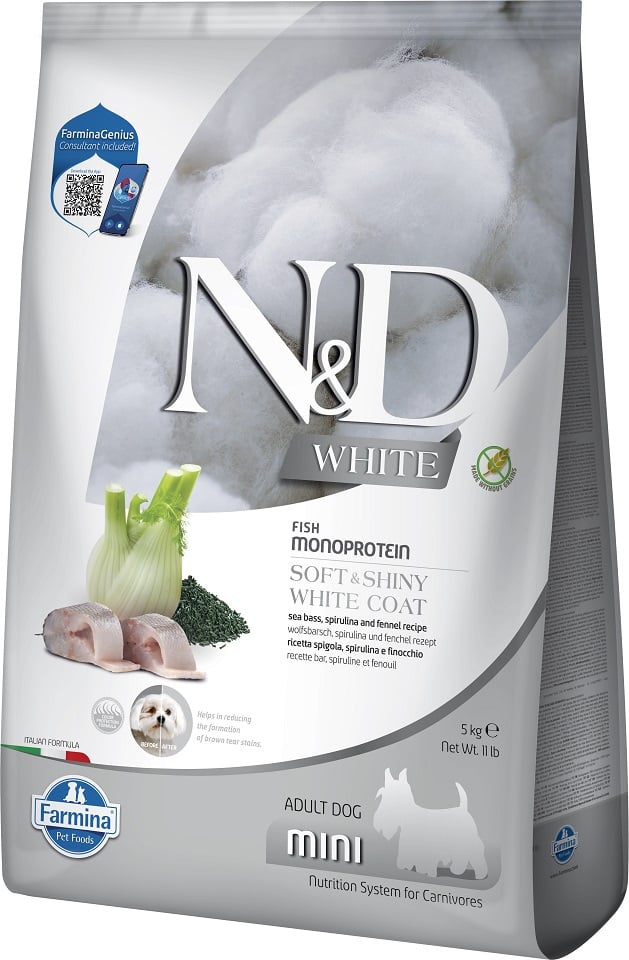 FARMINA N&D White Dog Adult Mini Sea Bass, Spirulina, Fennel 5 kg