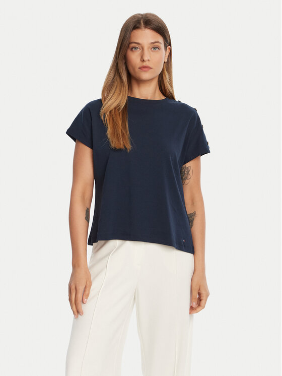 Tommy Hilfiger T-Shirt Gold Button WW0WW47455 Granatowy Regular Fit