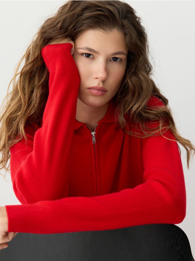Reserved - Wełniany sweter z kołnierzykiem - czerwony