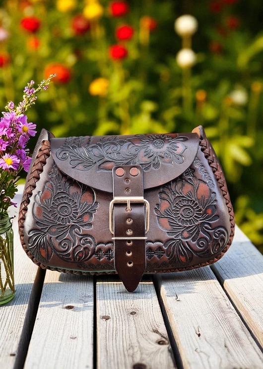 Torebka skórzana Folklora ciemnobrązowa kwiaty ręcznie robiona