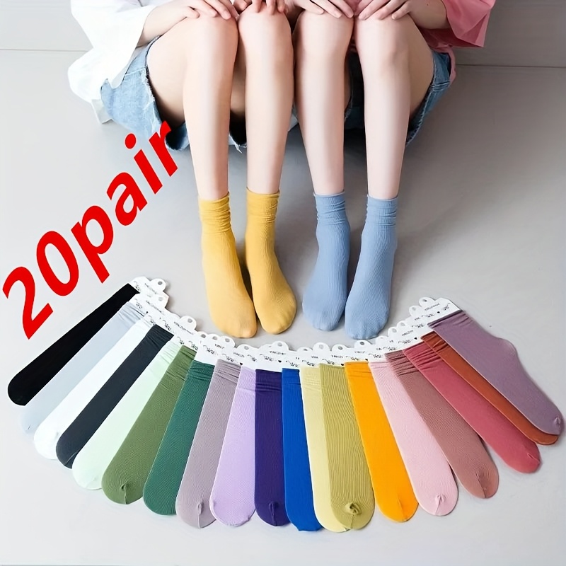 TEMU 20 Par Damskich Cienkich Skarpetek do Łydki z Bocznymi Paskami - Oddychające Letnie Skarpety z Nylonu w Jednolitych Kolorach, Modne Skarpety na