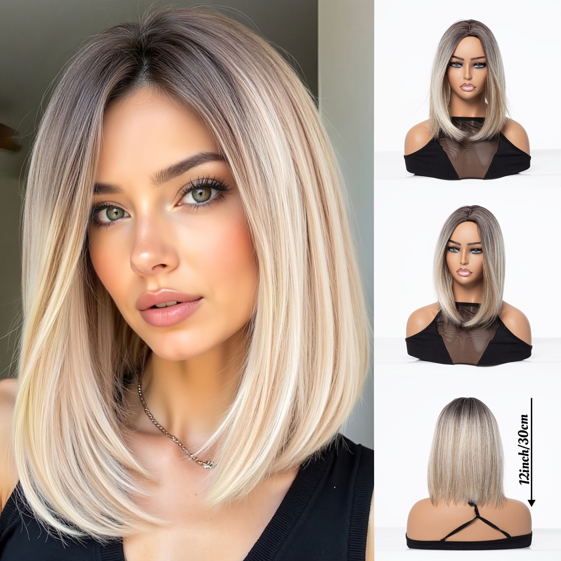 TEMU Platynowa Blond Bobowa Peruka z Lekkim Oddychającym Siatkowym Kapeluszem Różanym - 100% Gęstość Syntetycznych Włosów dla Naturalnego Wyglądu,