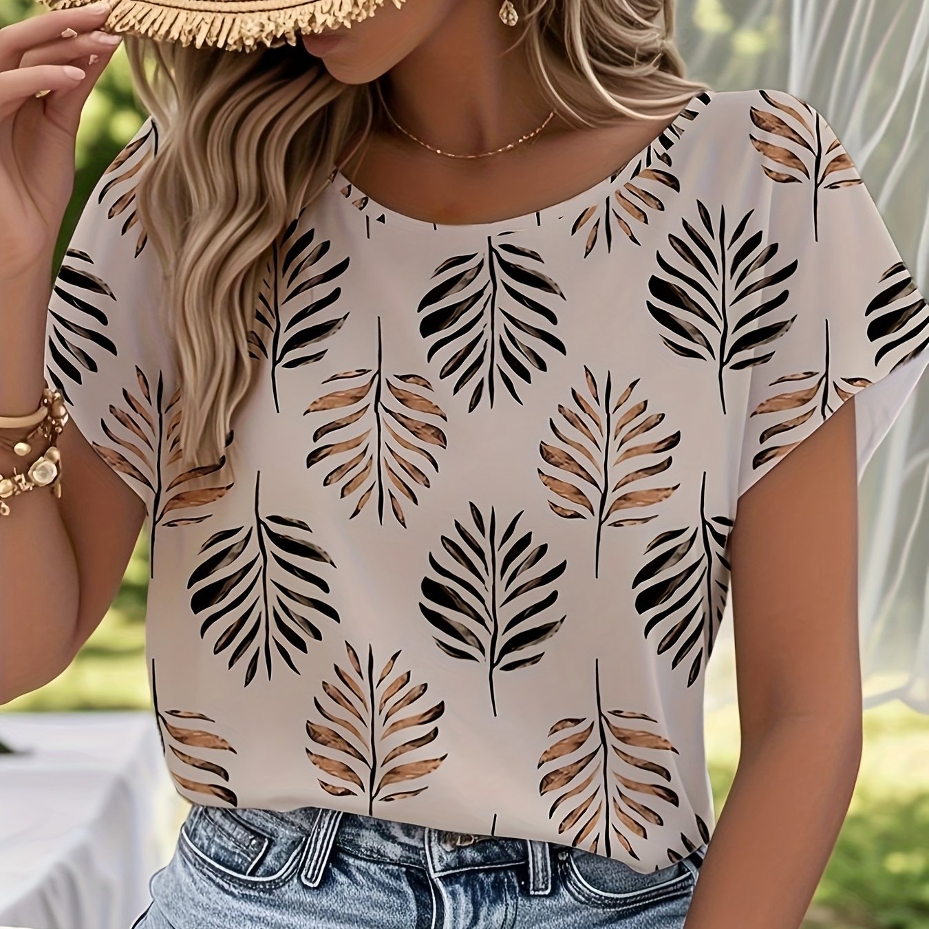 TEMU Elegancka bluzka damską z krótkim rękawem i nadrukiem liściowym - swobodny krój, lekki top z poliestru na wiosnę/letnie, idealny na codzienną
