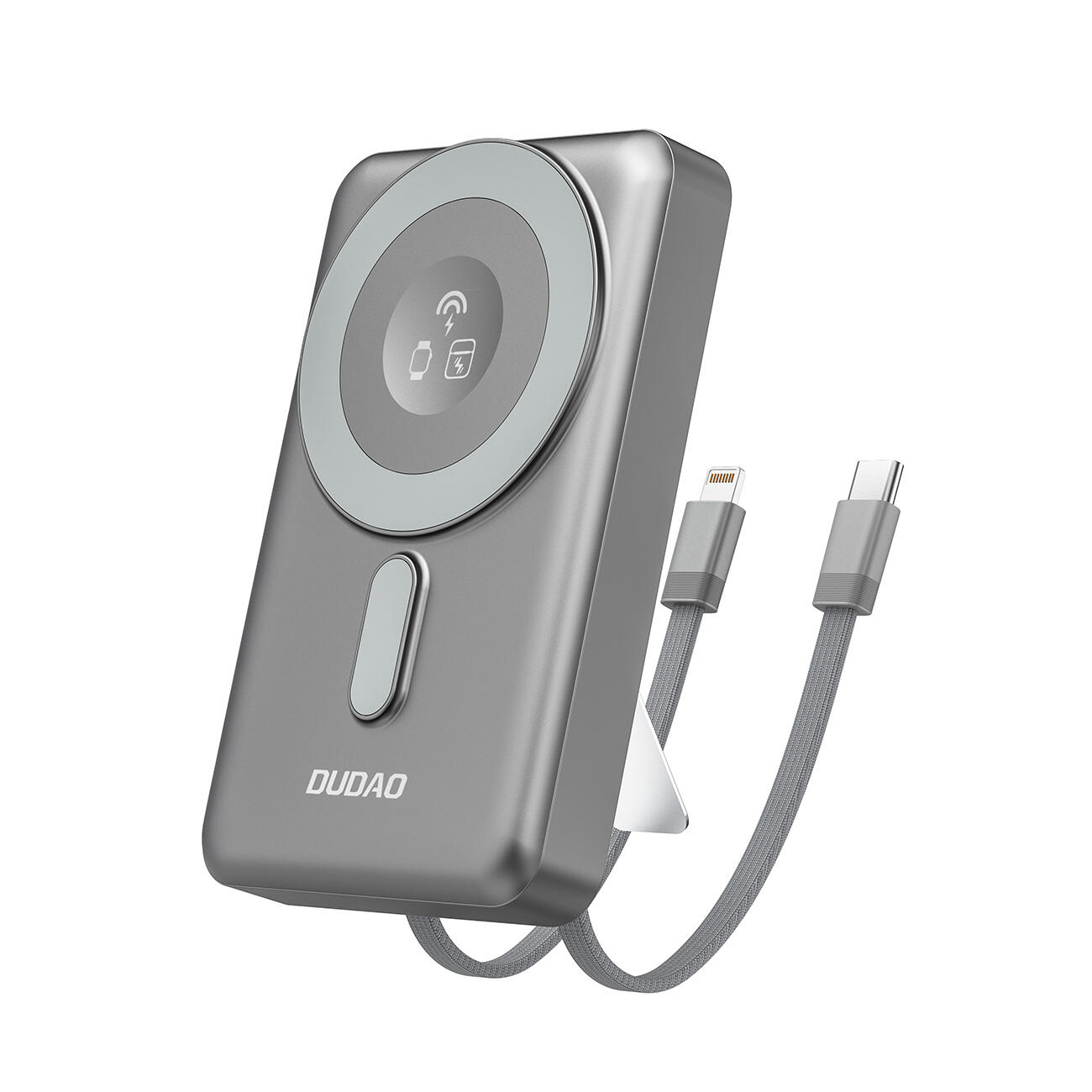 Dudao K29 10000mAh PD 20W z MagSafe z metalową obudową, podstawką i wbudowanymi kablami USB-C/Lightning - szary