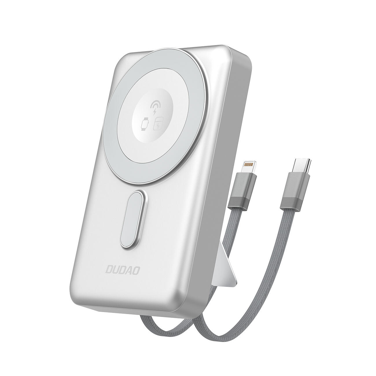 Dudao K29 10000mAh PD 20W z MagSafe z metalową obudową, podstawką i wbudowanymi kablami USB-C/Lightning - srebrny