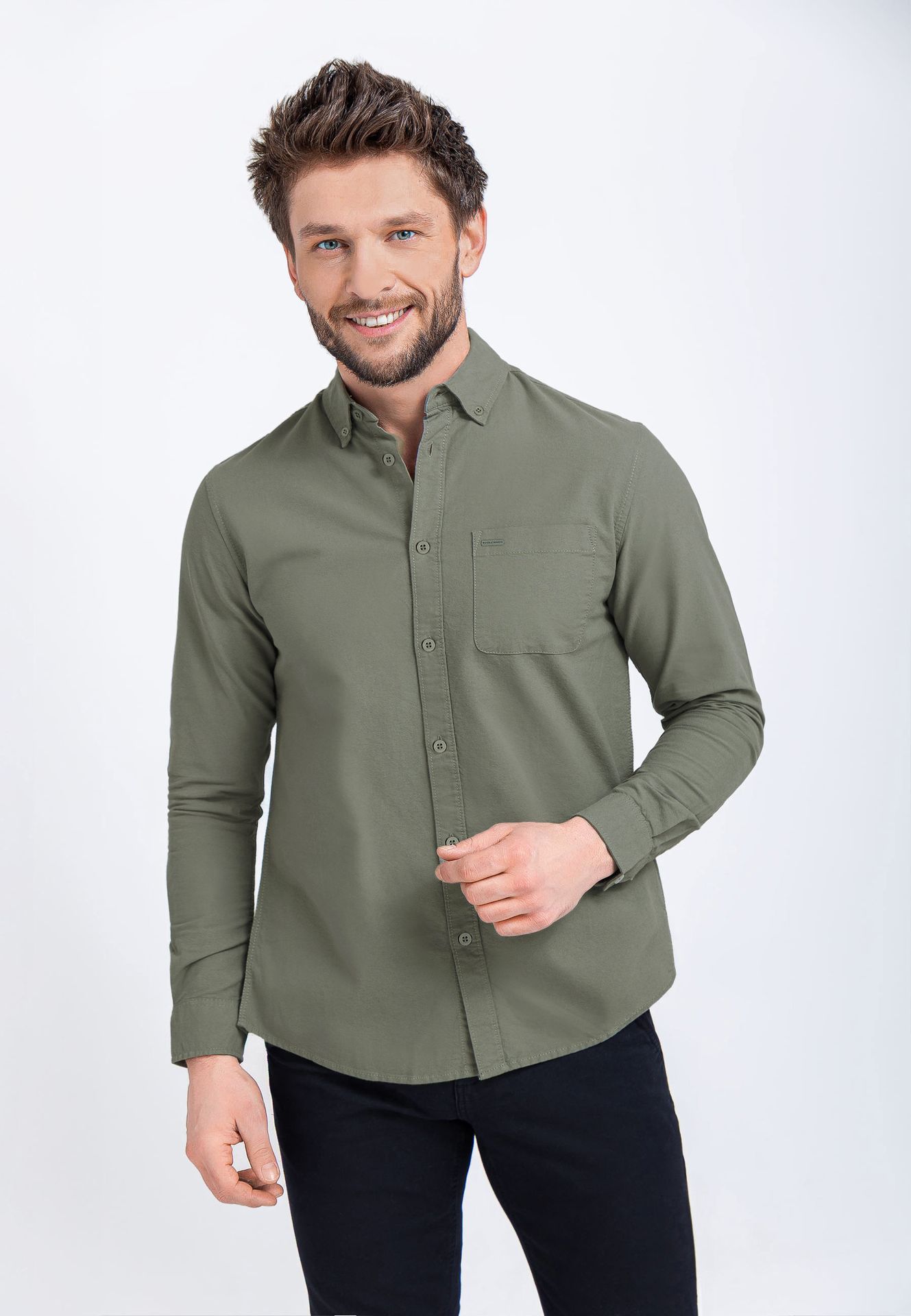 Zielona, gładka koszula, Regular Fit, K-NESH