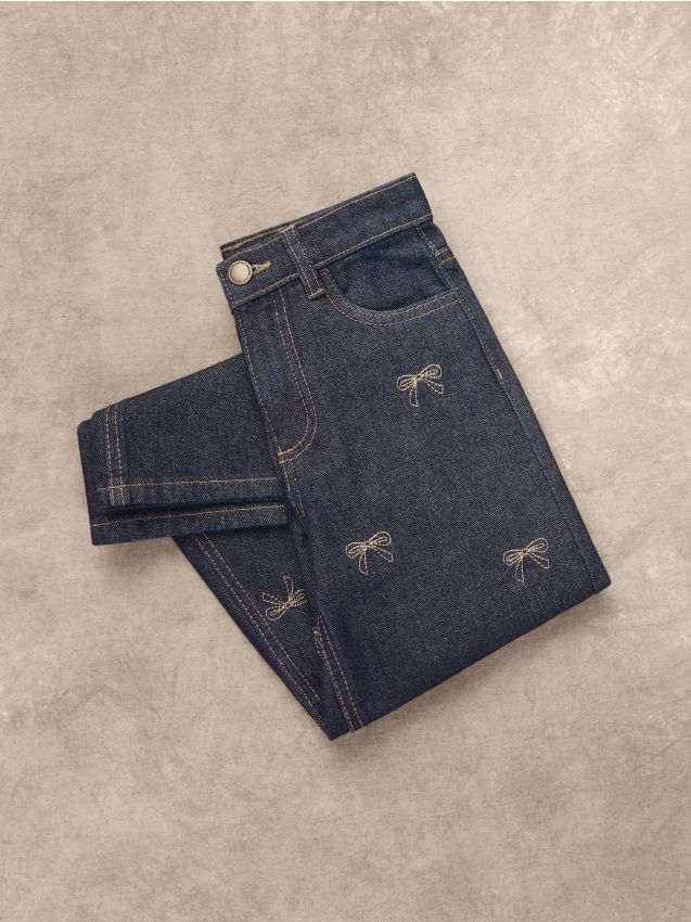 Reserved - Jeansy super wide leg z haftem - granatowy