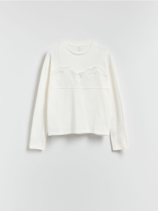 Reserved - Bawełniany longsleeve z koronką - biały