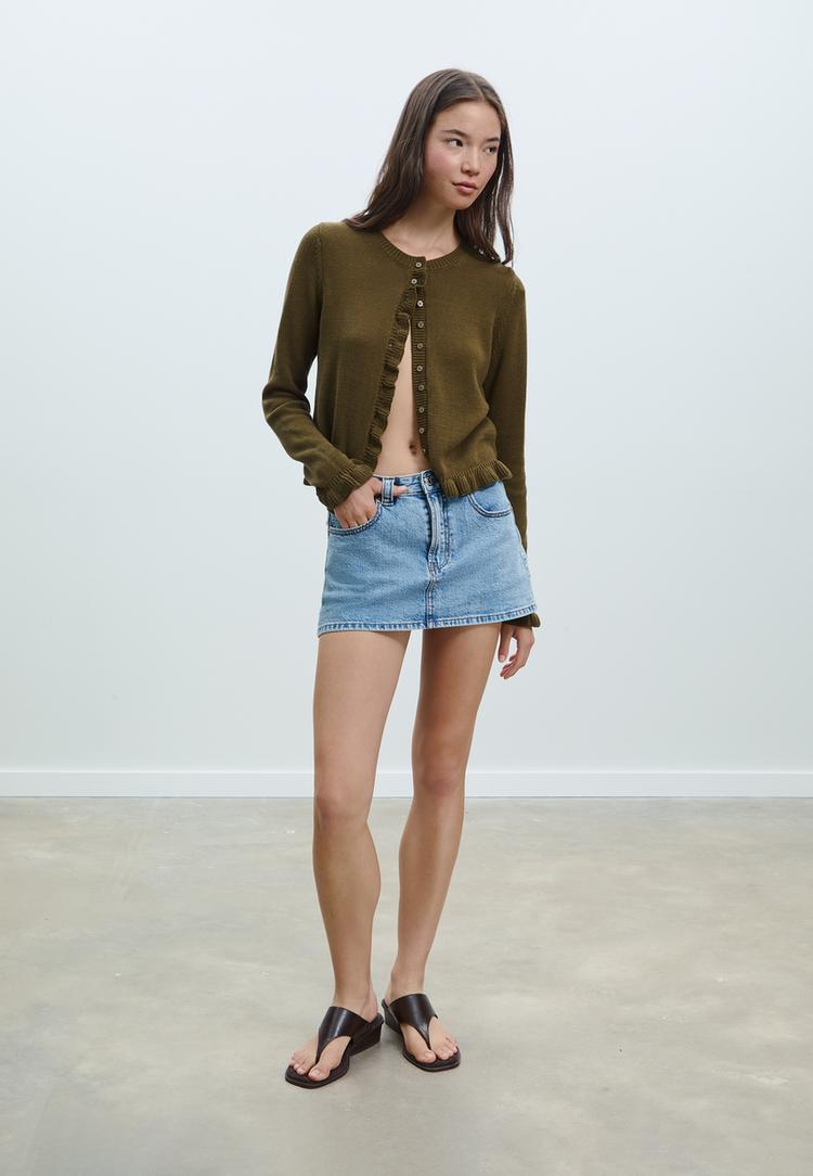 Stradivarius Sweter rozpinany z guzikami i falbanami Khaki L