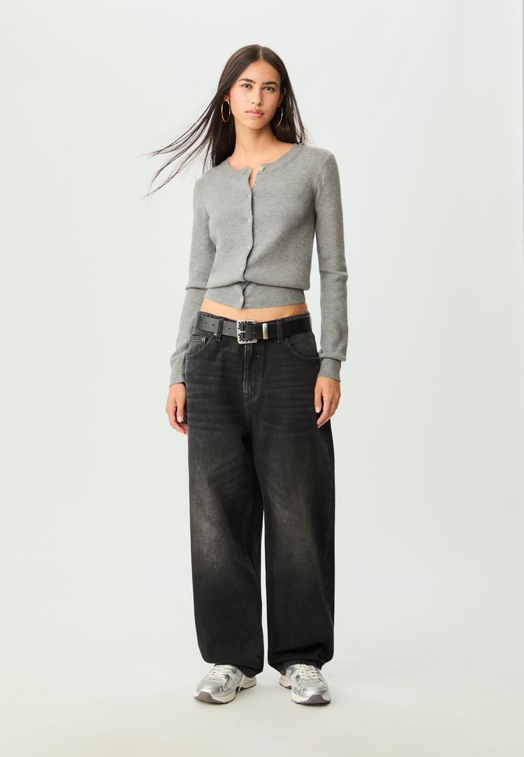 Stradivarius Jeansy baggy luźne CZARNY DENIM Z EFEKTEM SPRANIA 38