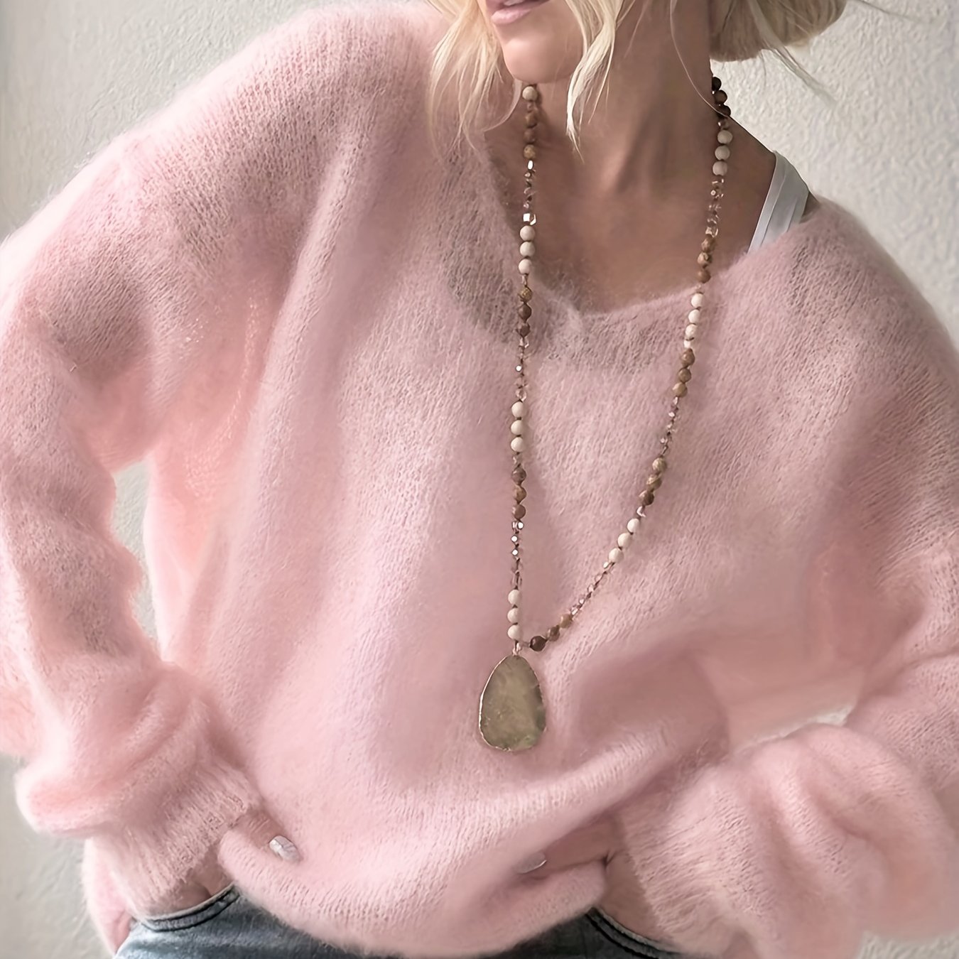 TEMU Damski miﾄ冖ki sweter z dekoltem w ksztaﾅＤie litery V - swobodny top z dﾅＶgim rﾄ冖awem i detalem z oczkami, rﾃｳﾅｼowy luﾅｺny krﾃｳj na wiosnﾄ�/jesieﾅ