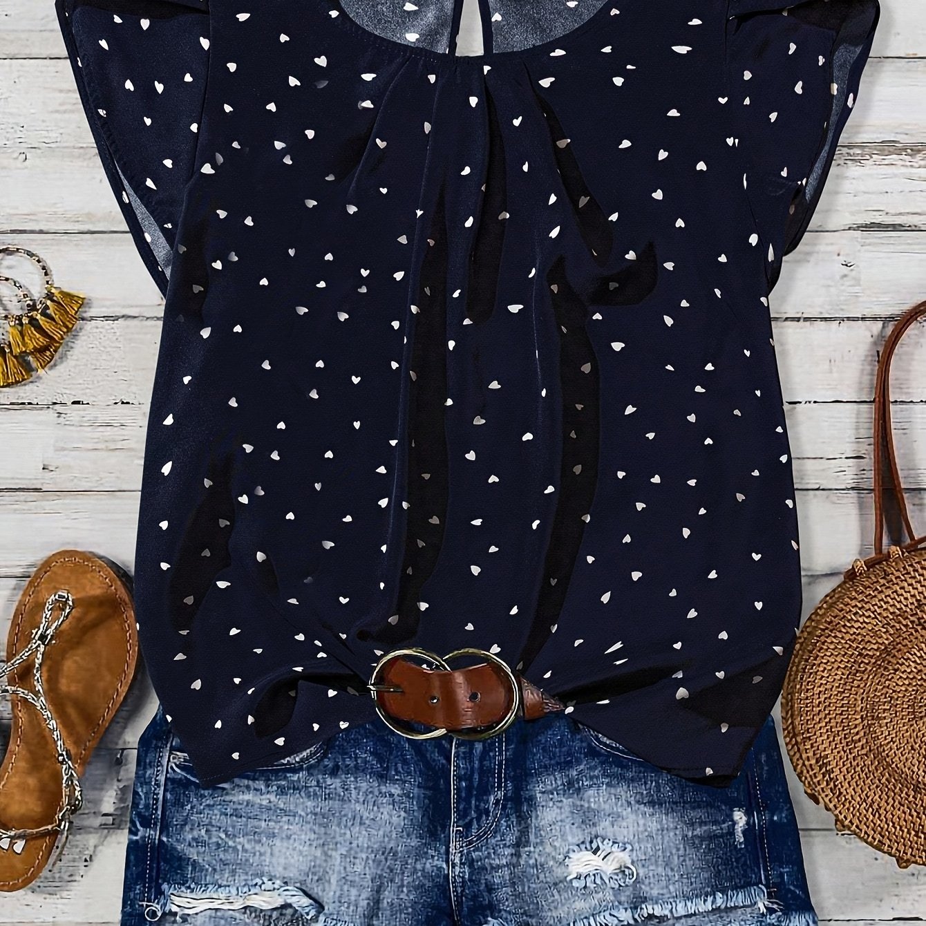 TEMU Bluzka Damska Elegancka z Krótkim Rękawem - Granatowa w Białe , Okrągły Dekolt na Guziki, Lekka Koszulka do Prania Maszynowego na Wiosnę/, Do