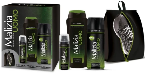 Malizia Uomo Vetyver – zestaw męski 3 elementy (woda toaletowa, dezodorant, żel pod prysznic)