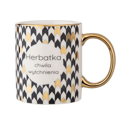 Kubek Gold Dream prosty ze złotym uchem 250 ml Herbatka biało-czarny