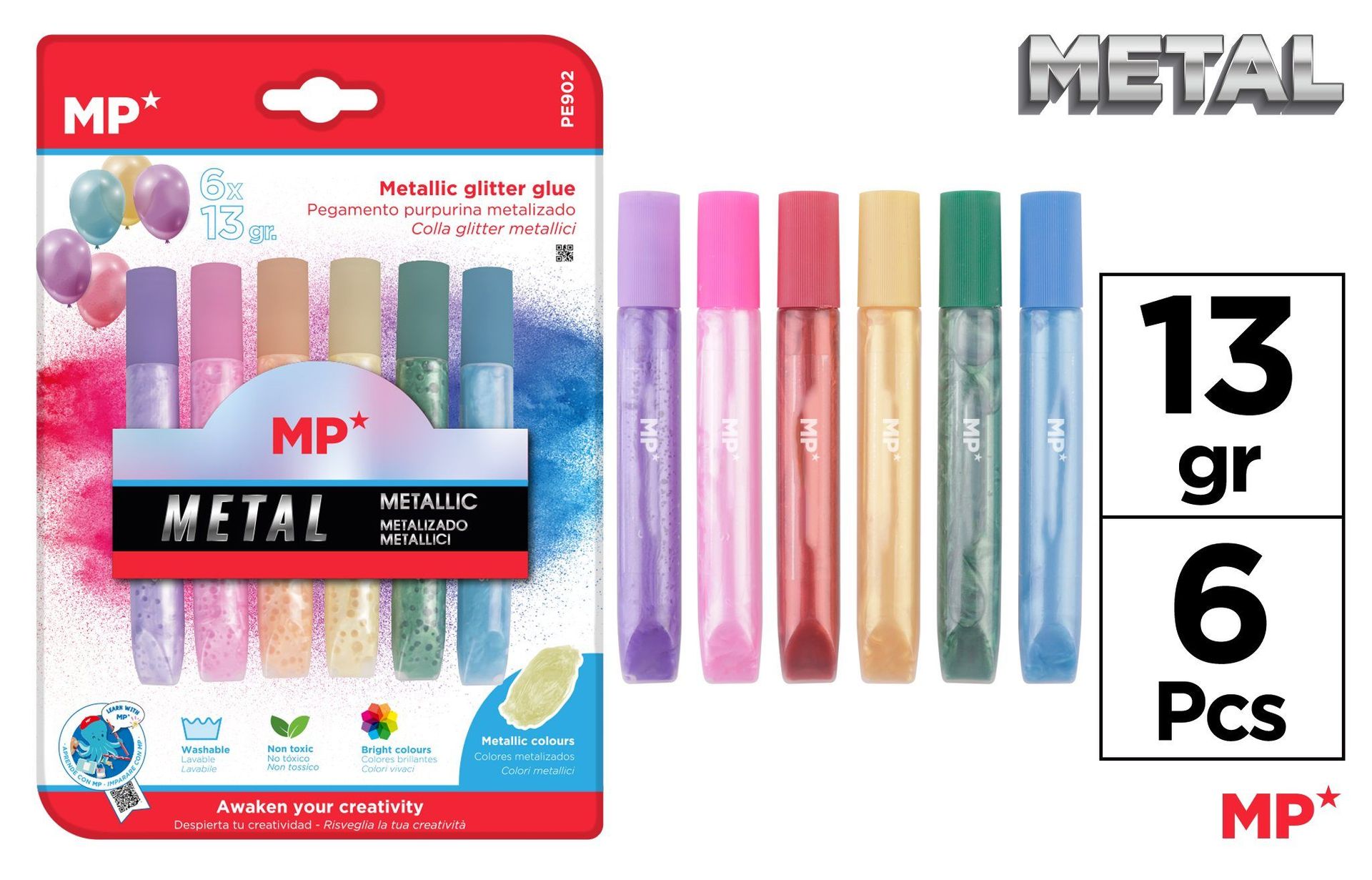 Klej Mp brokatowy metalizowany w płynie blister 6 kolorów