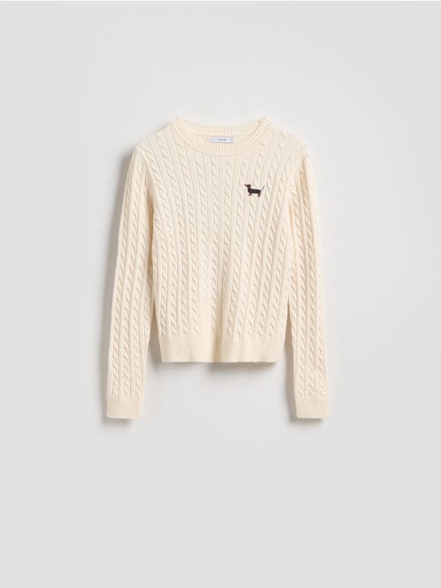 Reserved - Sweter z haftem - kremowy