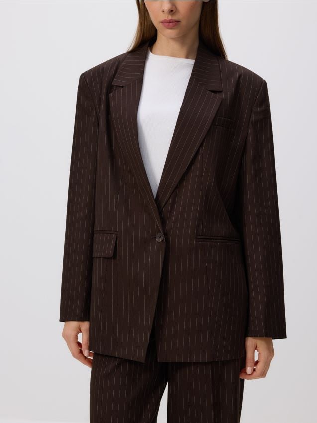 Reserved - Marynarka w prążek z wiskozą - ciemnobrązowy