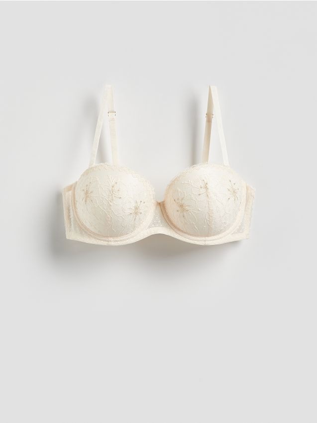 Reserved - Biustonosz push up z koronką - złamana biel