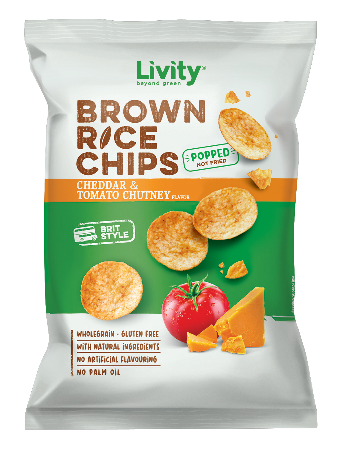 LIVITY Chipsy ryżowe pełnoziarniste o smaku sera Cheddar z pomidorowym sosem chutney 60g