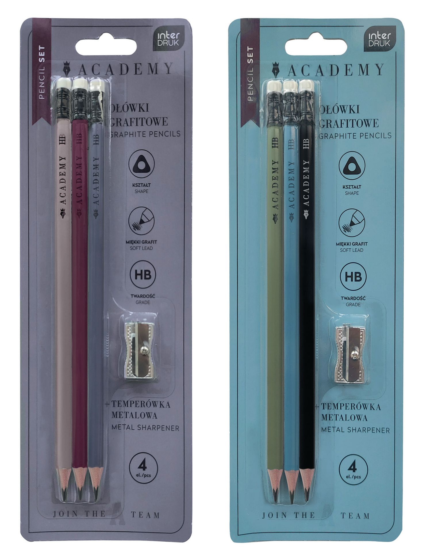 Zestaw ołówków grafitowych 3 szt. + metalowa temperówka Academy