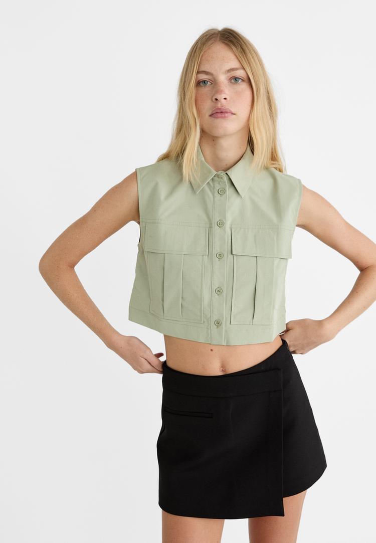 Stradivarius Koszula bez rękawów z kieszeniami Khaki XS