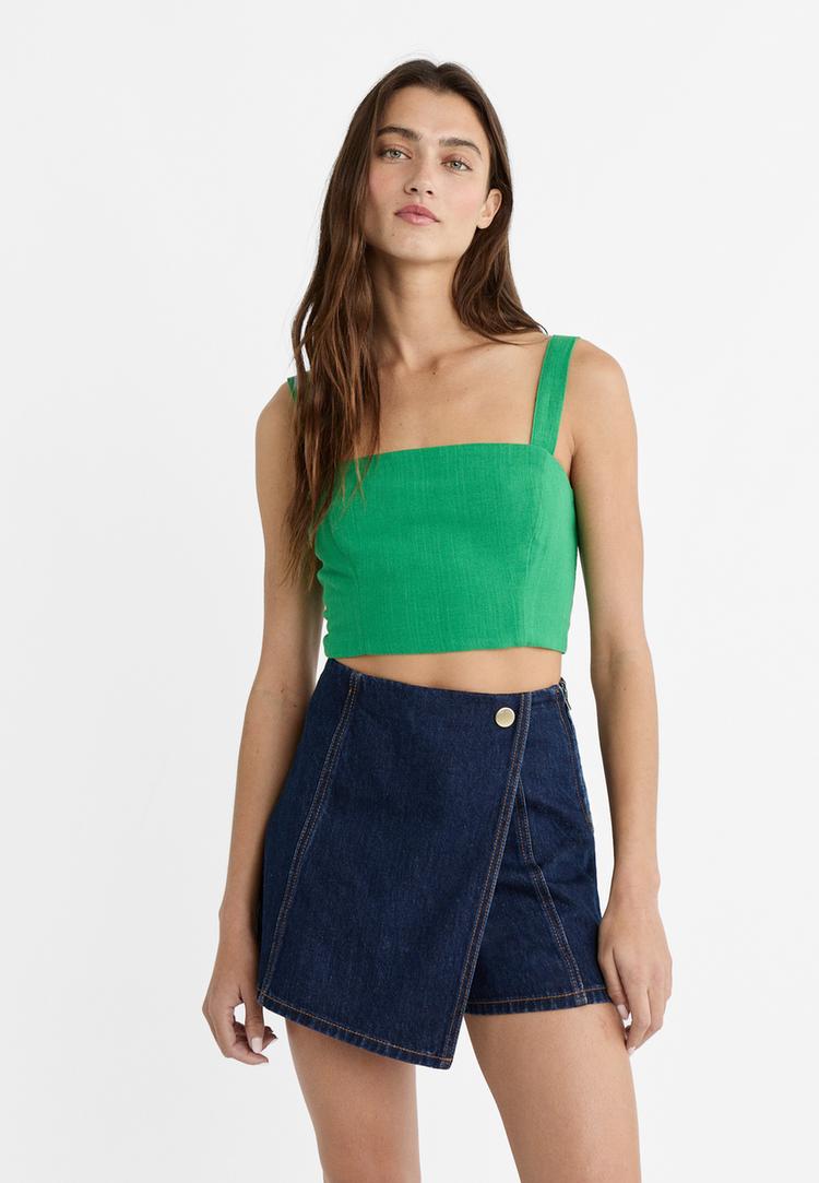 Stradivarius Krótki top z mieszanki lnu Zielony XS