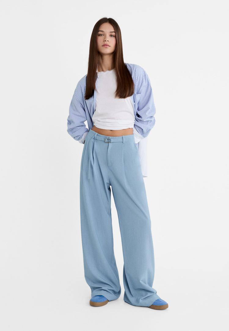 Stradivarius Eleganckie spodnie ze sprzączką Niebieski denim 38