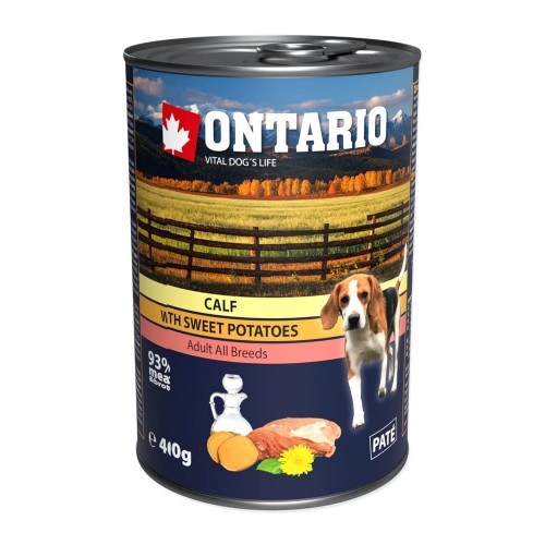 Ontario konserwa dla psów Cielęcina, Słodkie Ziemniaki., Mniszek lekarski, olej lniany 400g (214-2017)