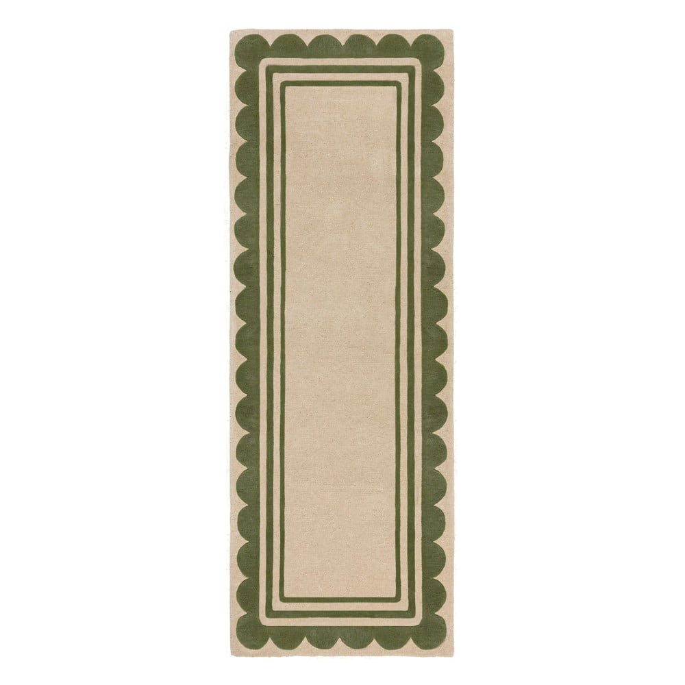 Zielono-naturalny wełniany chodnik tkany ręcznie 80x230 cm Lois Scallop – Flair Rugs