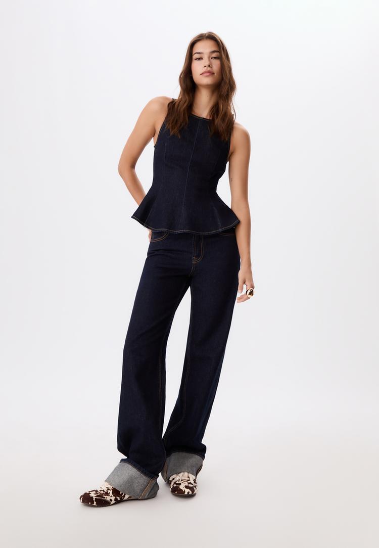 Stradivarius Top jeansowy bez rękawów z baskinką NIEBIESKI DENIM OVERDYED XS