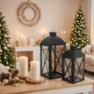 Komplet 2 latarenek metalowych 16,5 x 16,5 x 38 cm + 13,5 x 13,5 x 29 cm czarny