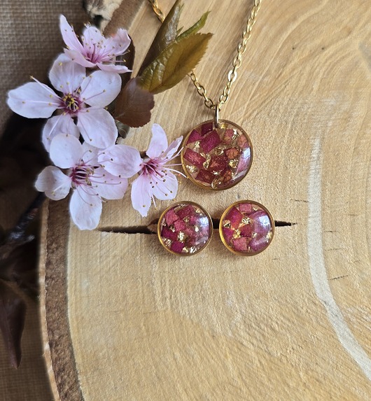 Komplet zawieszka i kolczyki złote kwiaty róża czerwona płatki