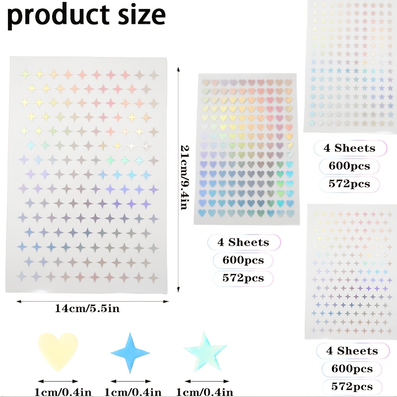 TEMU 1800 szt. Błyszczących Naklejek Holograficznych, 12 Kartek Brokatowych Małych Serduszek i Gwiazdek, Samoprzylepne Estetyczne Naklejki do ,