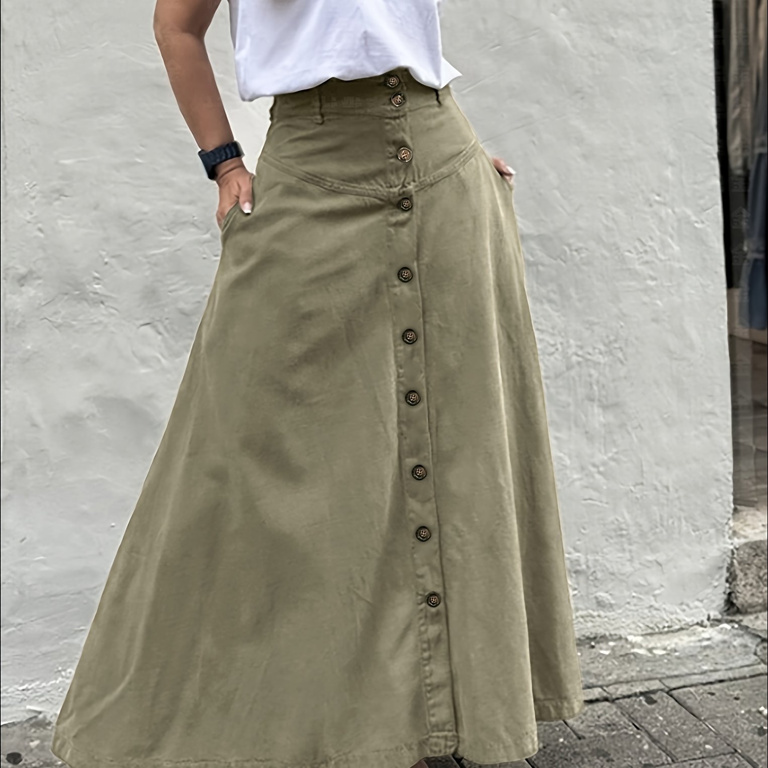 TEMU Spódnica damska o eleganckim jednokolorowym wzorze z wysokim stanem i długością do połowy łydki, modna i praktyczna z kieszeniami oraz