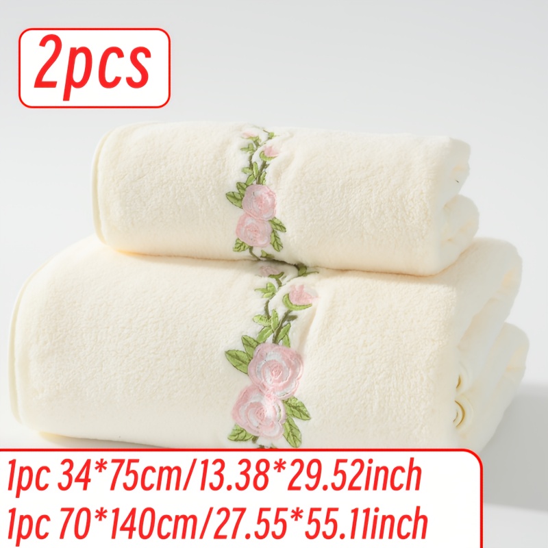 TEMU Zestaw ręczników 2 sztuki, 1 szt. 34*75cm + 1 szt. 70*140cm Ręcznik z haftem róż Fiber Coral Fleece Miękki i wygodny chłonny i nie odpadający